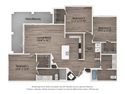 Floor plan for 3 beds, 2 baths, 1422 sqft